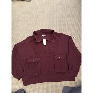 Boutique Brand Sz 2XL Maroon 1/4 Zip Sweatshirt 3/4 Sleeve Raw Hems